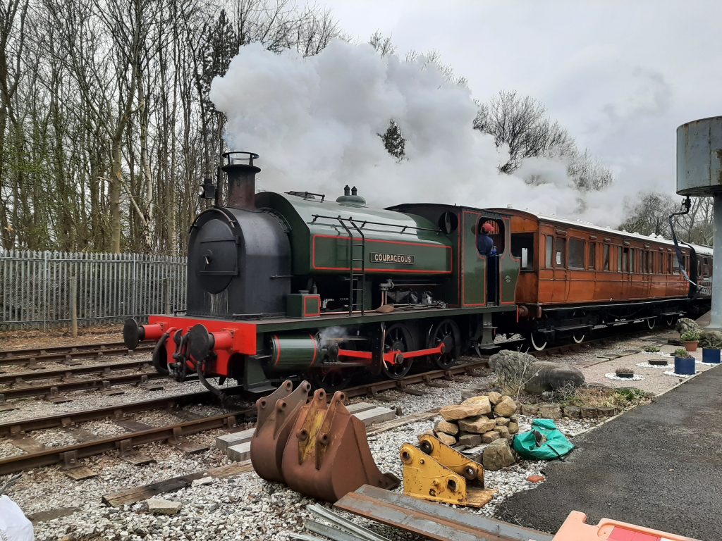Bagnall 0-6-0ST Courageous leave Preston Riverside on Sunday, 10th March with GER No. 5 behind it